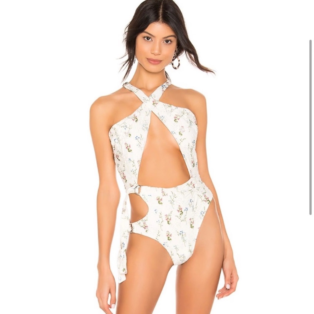NWT For Love And Lemons White Floral Cutout Halter One-Piece Swimsuit